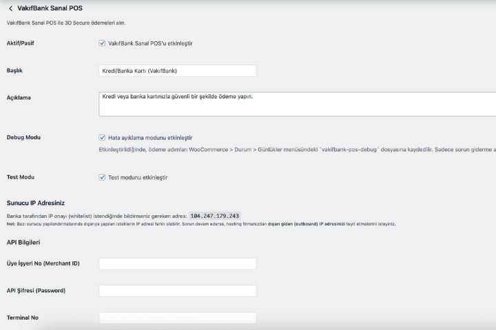 WooCommerce Vakıfbank Sanal Pos Eklentisi API Ayar Sayfası